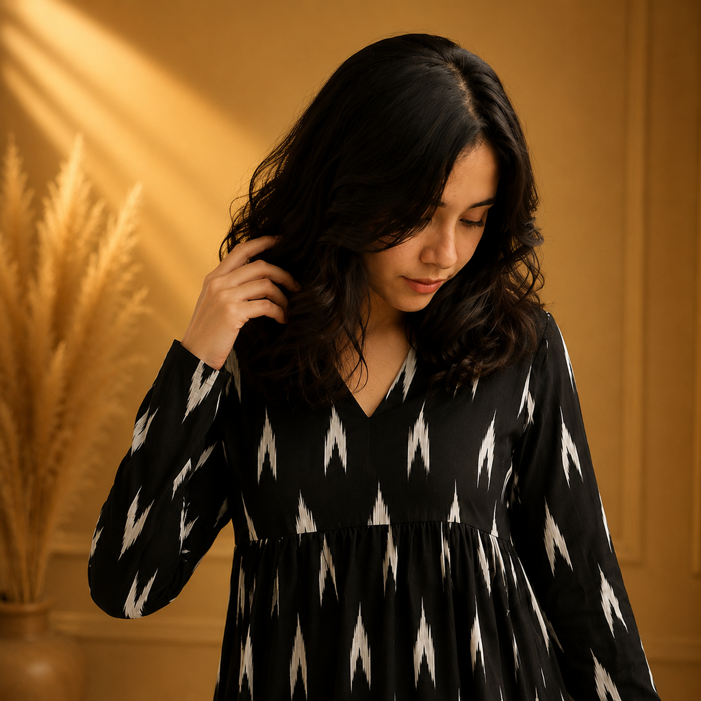 Women's Pink Ikat Print V-Neck Peplum Top | Long Sleeve Casual Flared Tunic