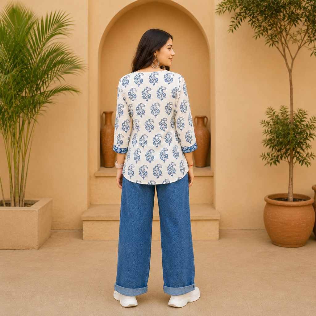 Women's Off White & Blue Ethnic Printed Cotton Kurti | V-Neck 3/4 Sleeve Straight Fit Casual Kurta