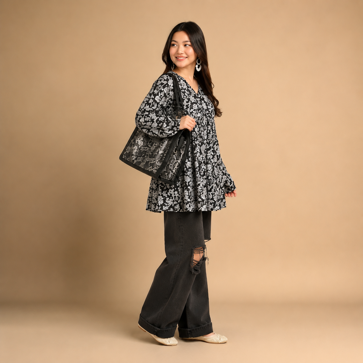 Women's Black Floral Peplum Tunic Top