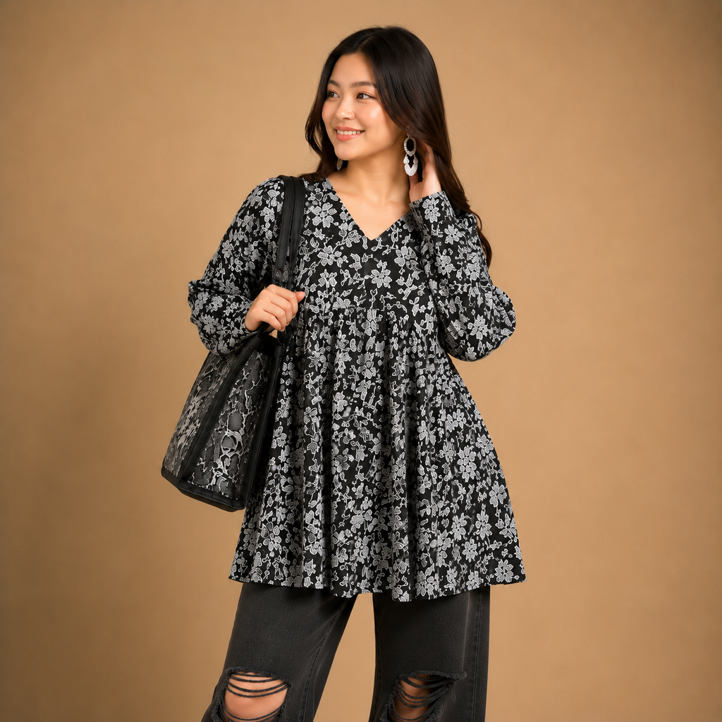 Women's Black Floral Peplum Tunic Top