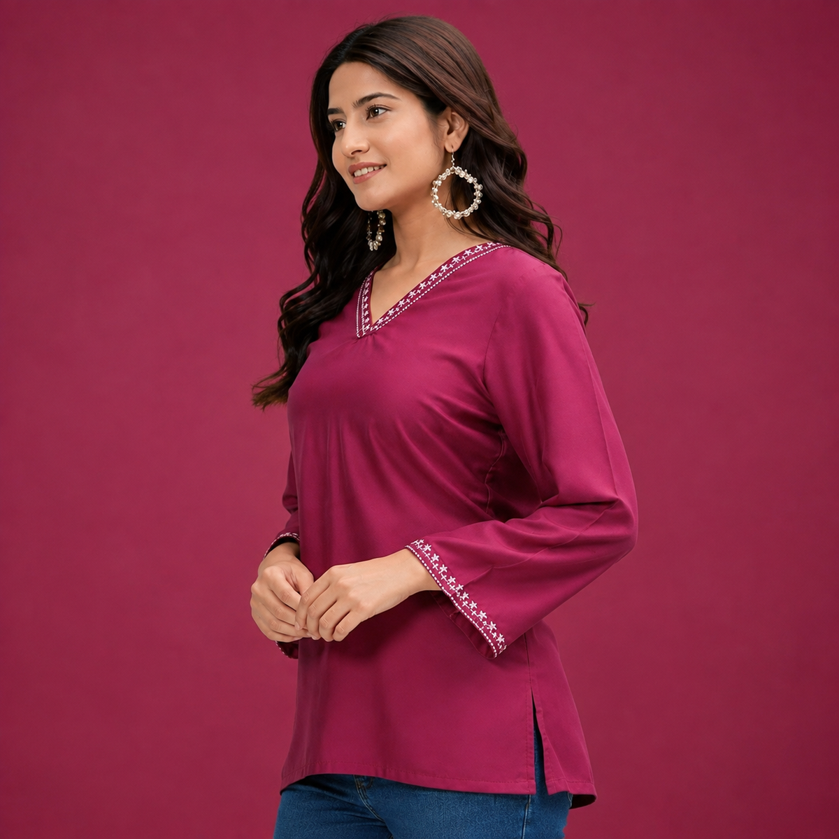 Women’s Black V-Neck Embroidered Tunic Top | 3/4 Sleeve Casual Kurti