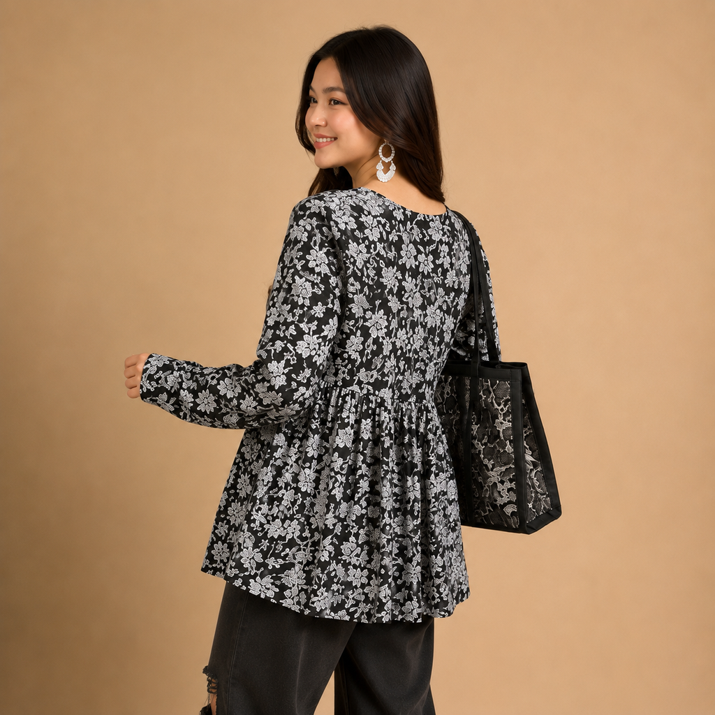 Women's Black Floral Peplum Tunic Top