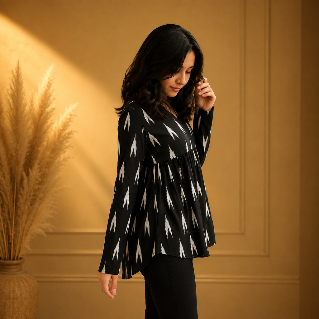 Women's Pink Ikat Print V-Neck Peplum Top | Long Sleeve Casual Flared Tunic