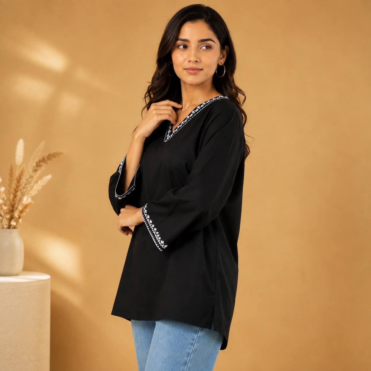 Women’s Black V-Neck Embroidered Tunic Top | 3/4 Sleeve Casual Kurti