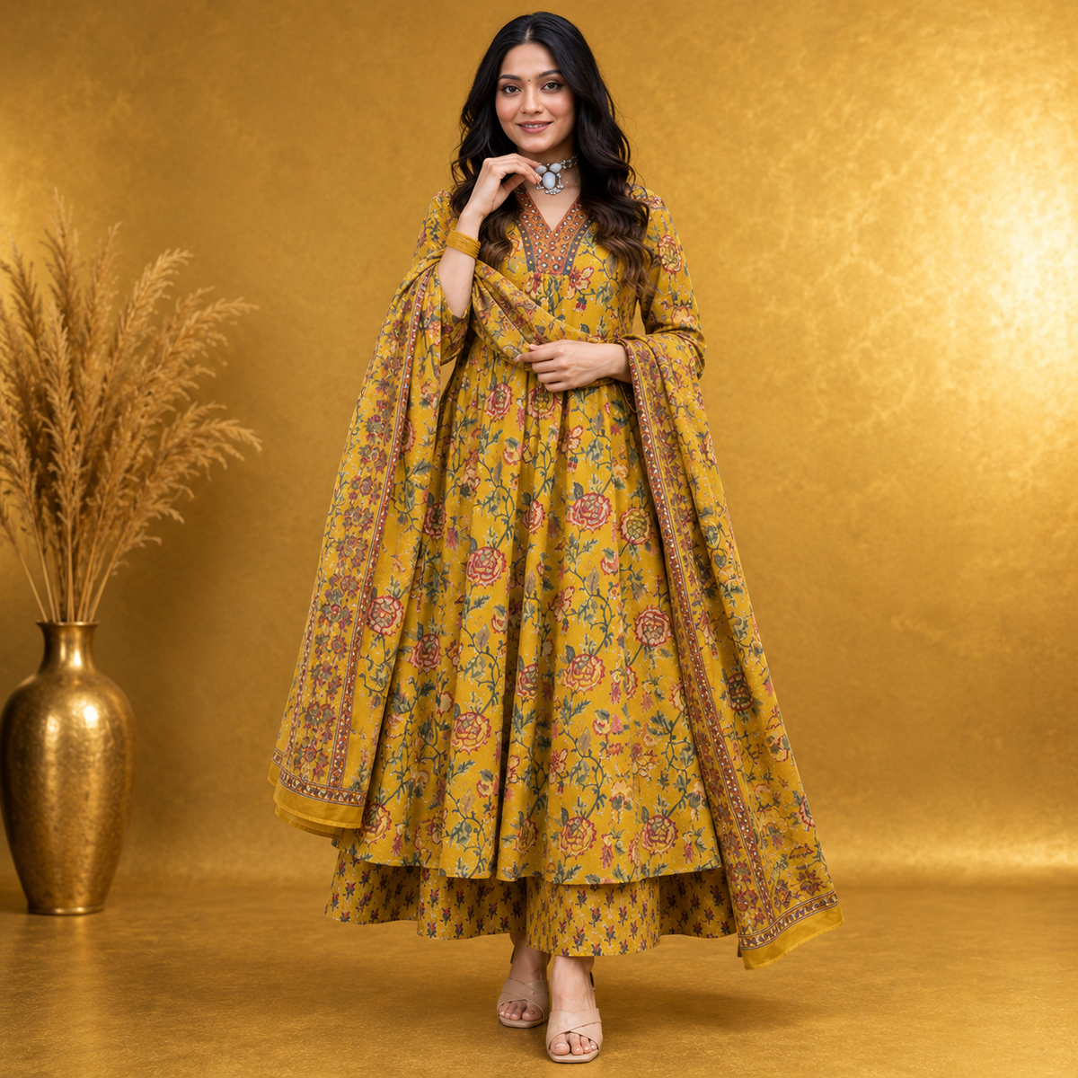 Meher Mustard Floral Anarkali Kurta Set