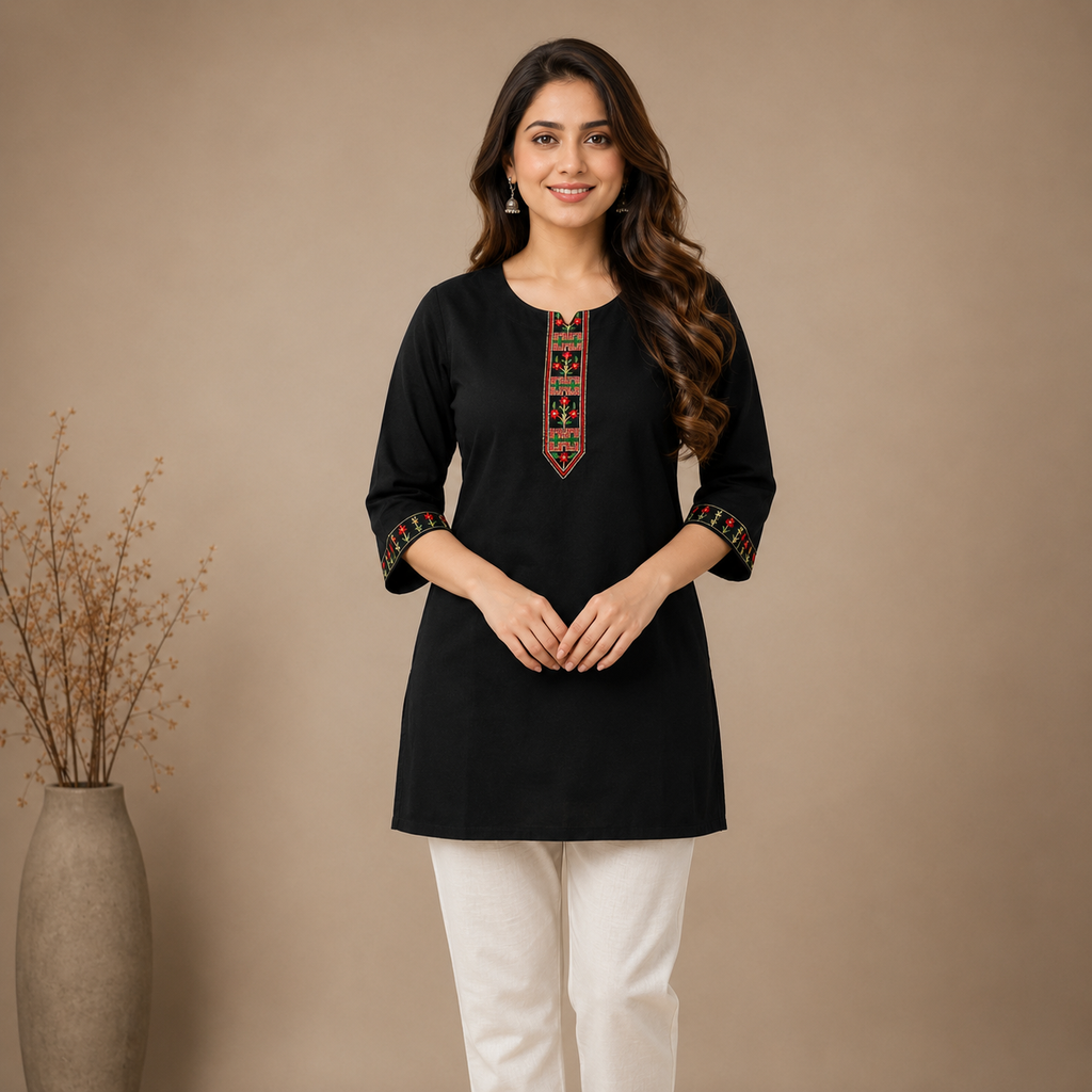 Women's Black Embroidered Straight Kurti | 3/4 Sleeve Round Neck Casual Ethnic Top