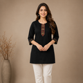 Women's Black Embroidered Straight Kurti | 3/4 Sleeve Round Neck Casual Ethnic Top