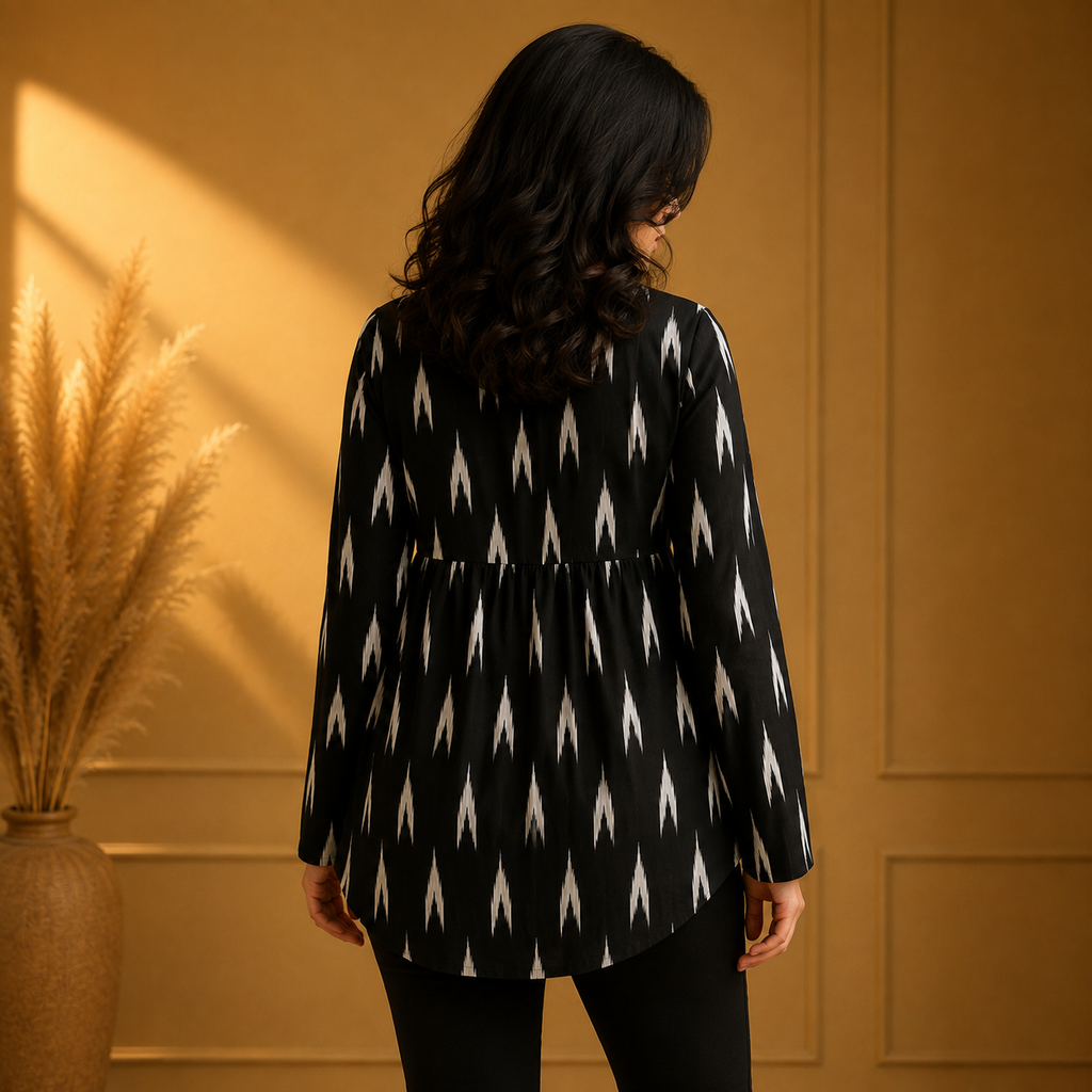 Women's Pink Ikat Print V-Neck Peplum Top | Long Sleeve Casual Flared Tunic