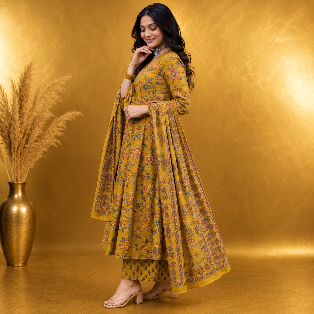 Meher Mustard Floral Anarkali Kurta Set
