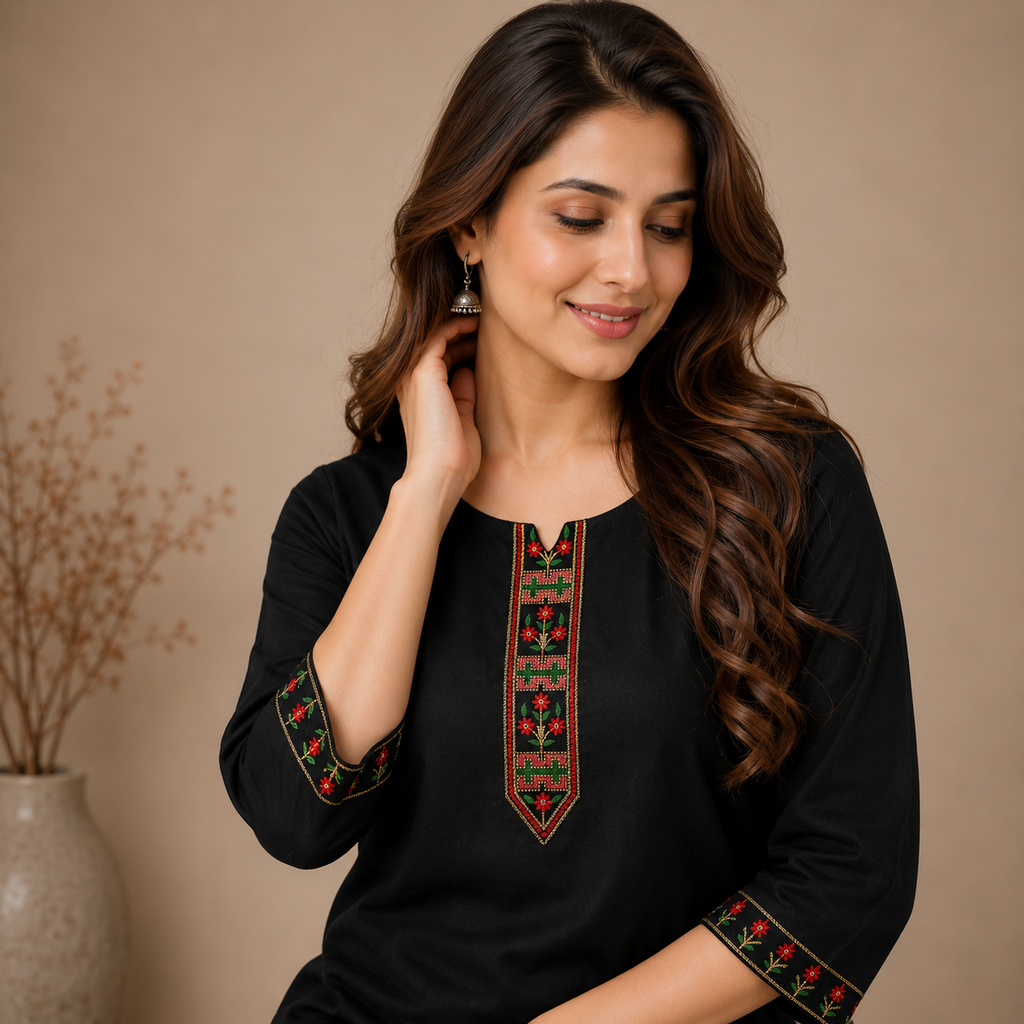 Women's Black Embroidered Straight Kurti | 3/4 Sleeve Round Neck Casual Ethnic Top