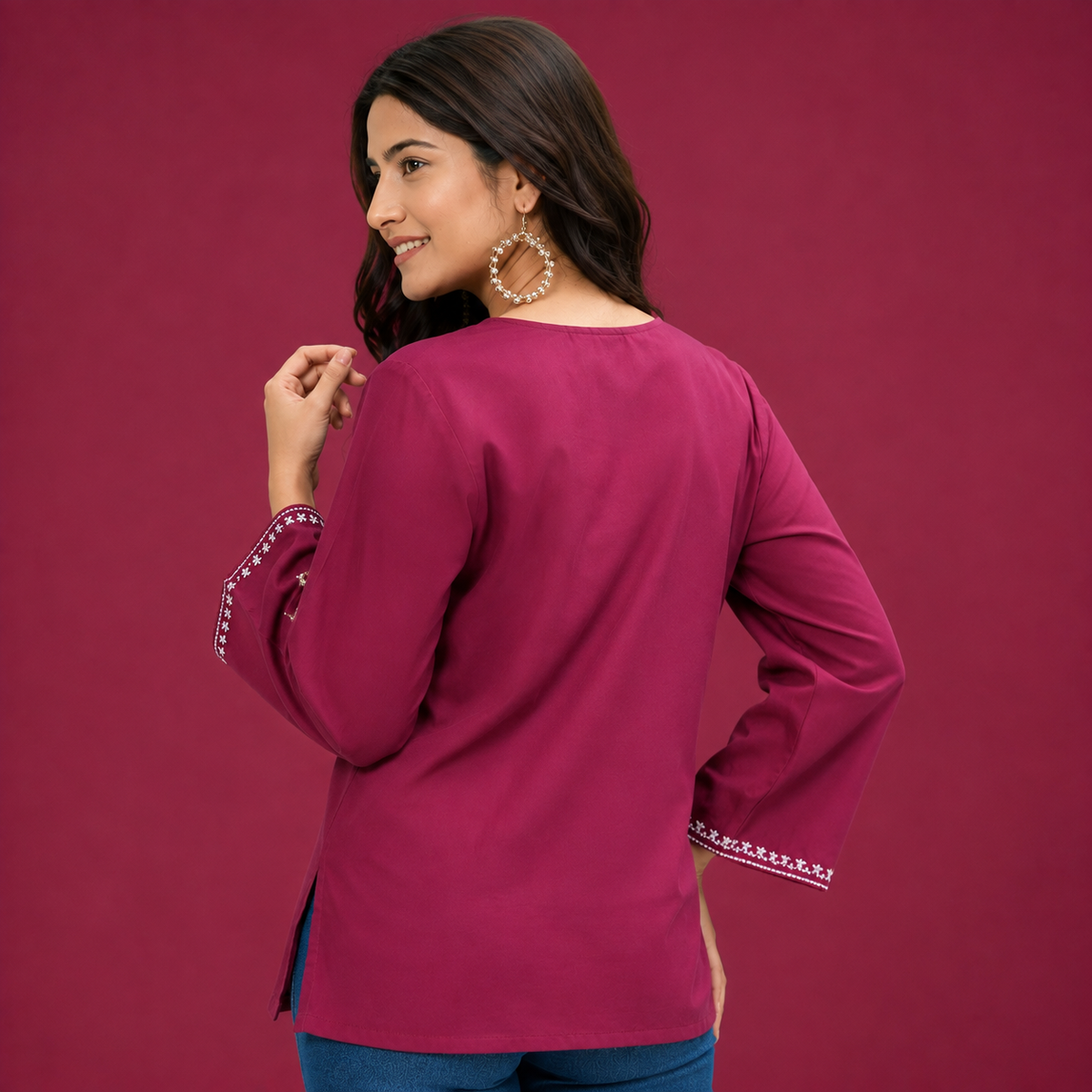 Women’s Black V-Neck Embroidered Tunic Top | 3/4 Sleeve Casual Kurti