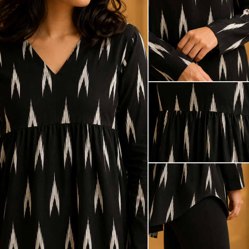 Women's Pink Ikat Print V-Neck Peplum Top | Long Sleeve Casual Flared Tunic