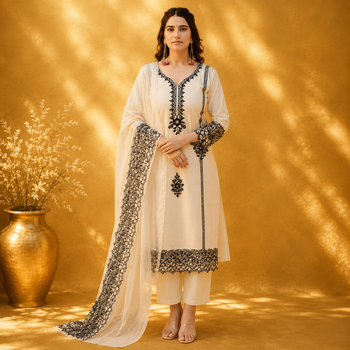 Nooré Black Embroidered Kurta Set with Dupatta