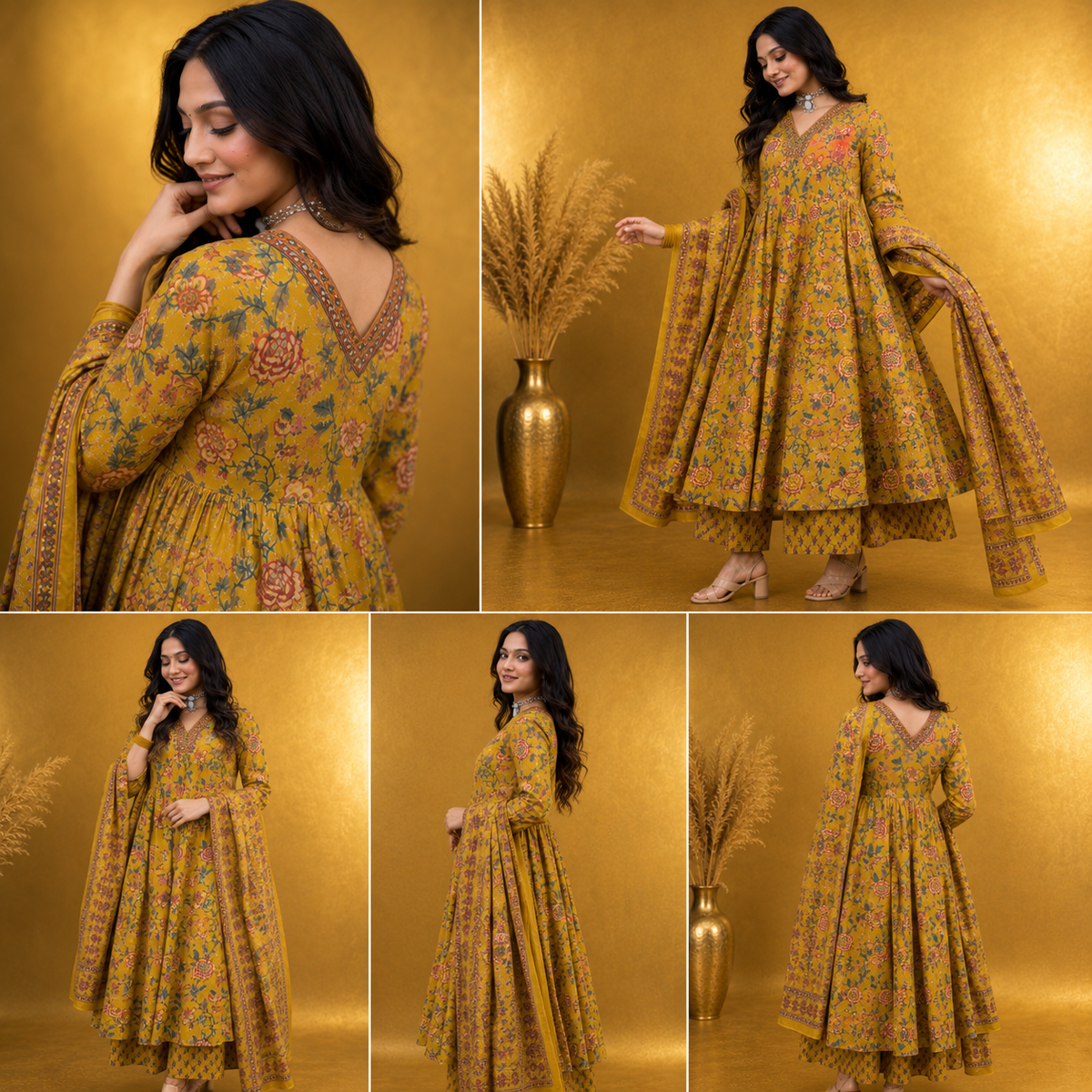Meher Mustard Floral Anarkali Kurta Set