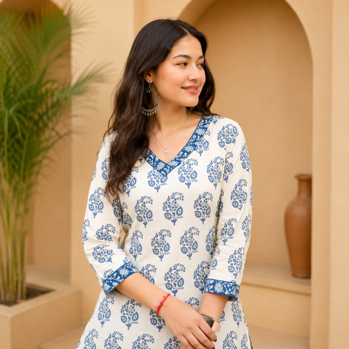 Women's Off White & Blue Ethnic Printed Cotton Kurti | V-Neck 3/4 Sleeve Straight Fit Casual Kurta