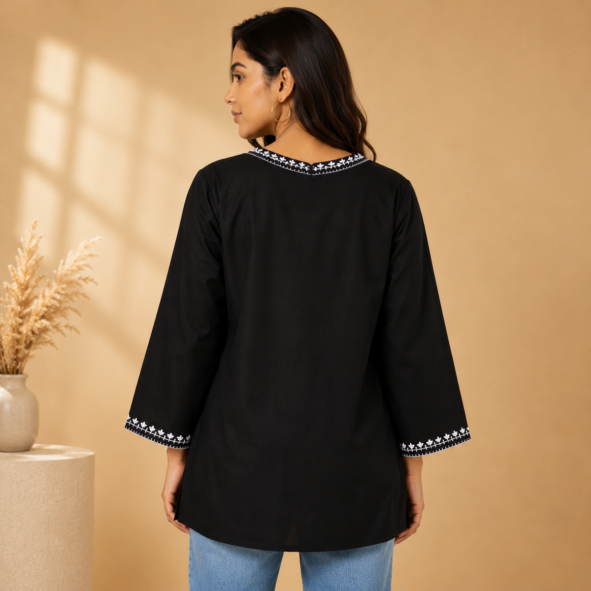 Women’s Black V-Neck Embroidered Tunic Top | 3/4 Sleeve Casual Kurti