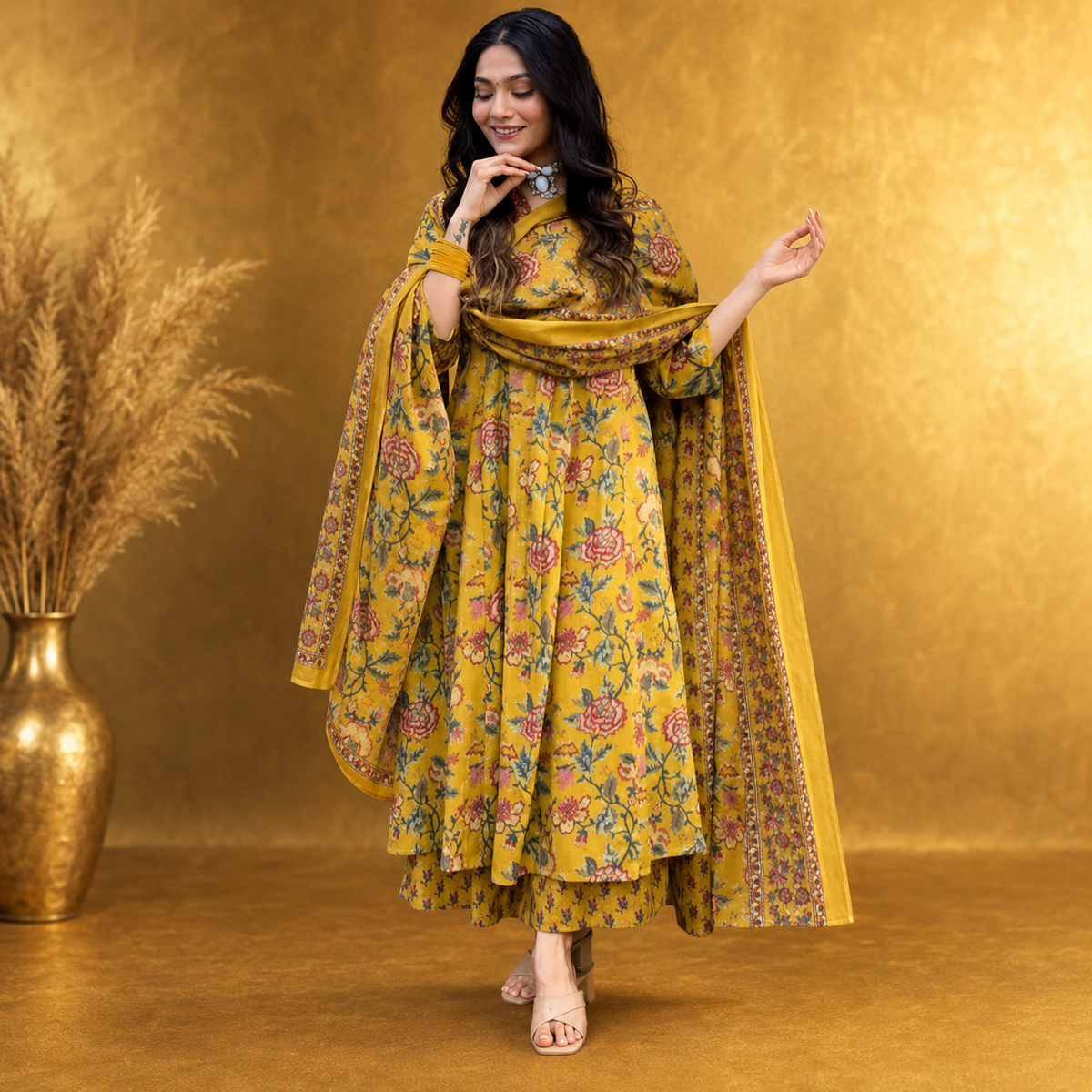 Meher Mustard Floral Anarkali Kurta Set