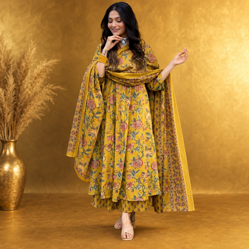 Meher Mustard Floral Anarkali Kurta Set